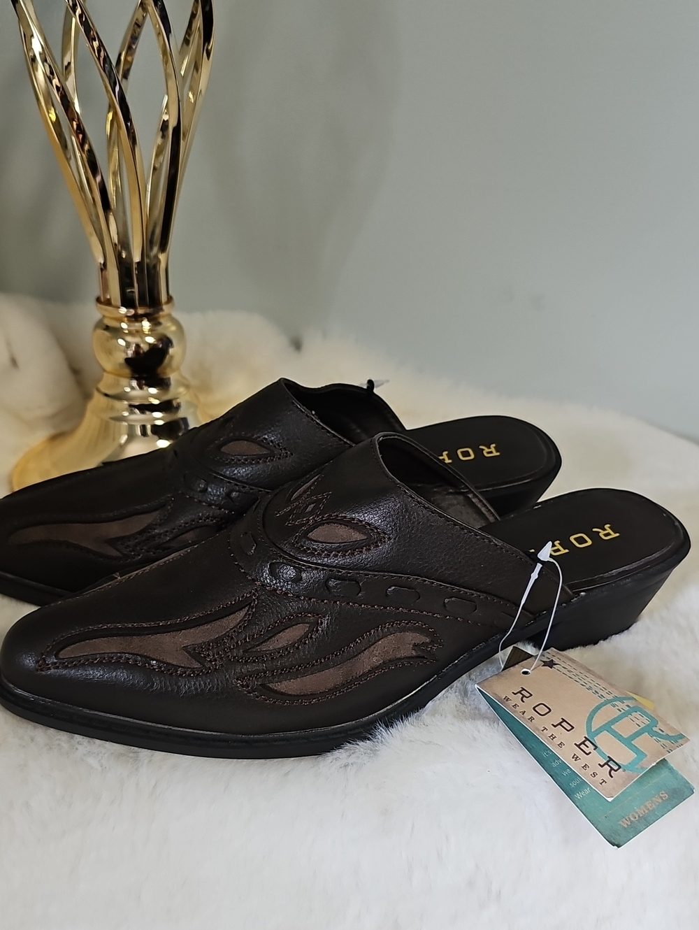 NEW! Roper Womens Dark Brown Leather Slip-On Mules